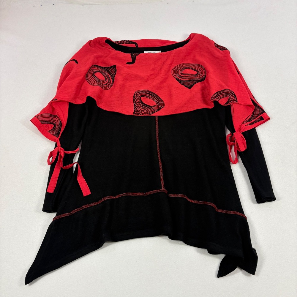 Feratelli Womens Red Black Graphic Asymmetrical Handkerchief Lagenlook Top Large